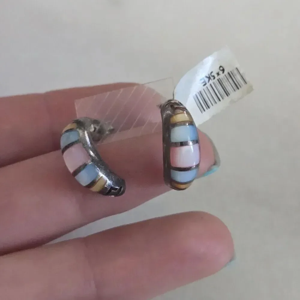 Vintage Sterling 925 Inlay Pastel Blue Pink Yellow Mother Of Pearl Earrings